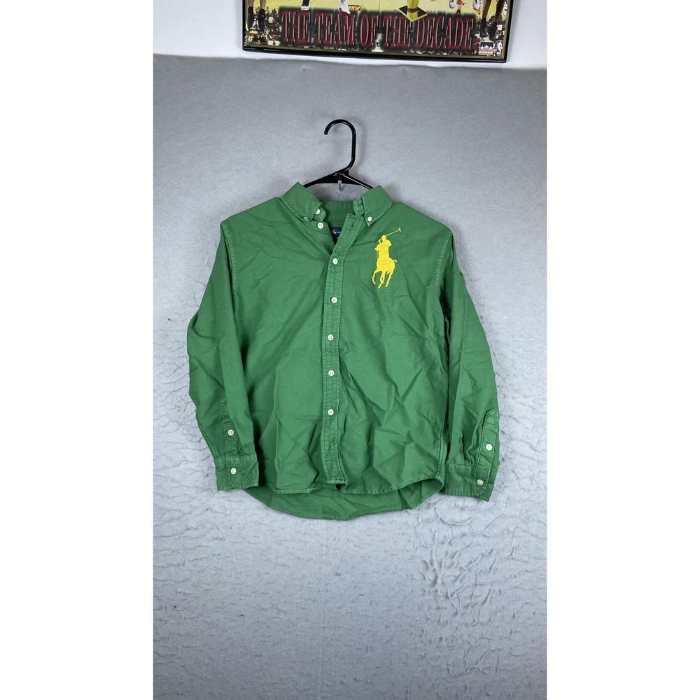 Ralph Lauren Shirt Boys Medium 10-12 Green Button Down Long Sleeve Big Pony Logo